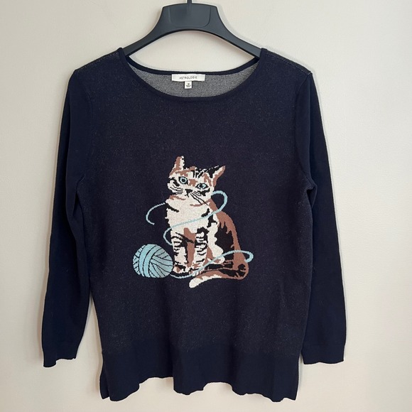 Astrologie Sweaters - Astrologie Women Navy Blue Cat Yarn Intarsia Knit Long Sleeve Sweater M Cat Lady